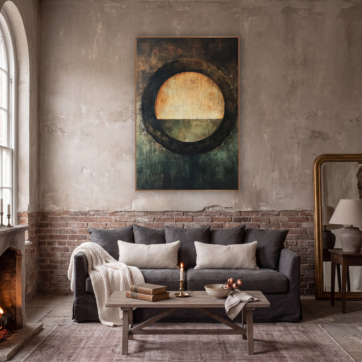 Amber Circle Horizon Abstract wall art in a moody dark academia room – abstract artwork of an amber and cream circle