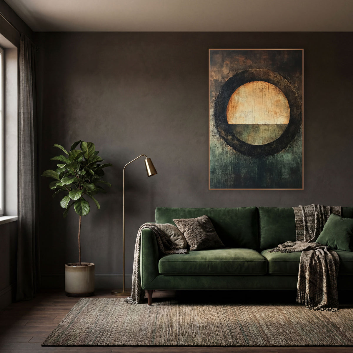 Amber Circle Horizon Abstract wall art in a moody dark academia room – abstract artwork of an amber and cream circle