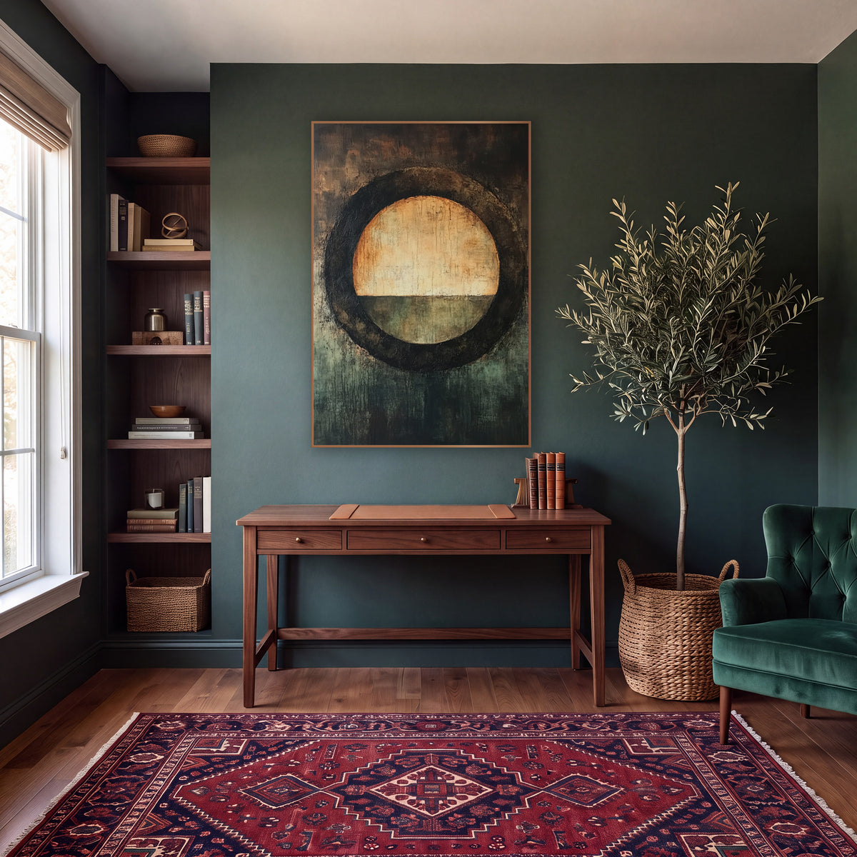 Amber Circle Horizon Abstract wall art in a moody dark academia room – abstract artwork of an amber and cream circle