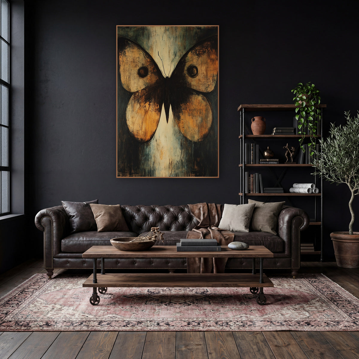 Amber Moth Wings Abstract Moody wall art in a moody dark academia room – large amber and black moth with spread wings