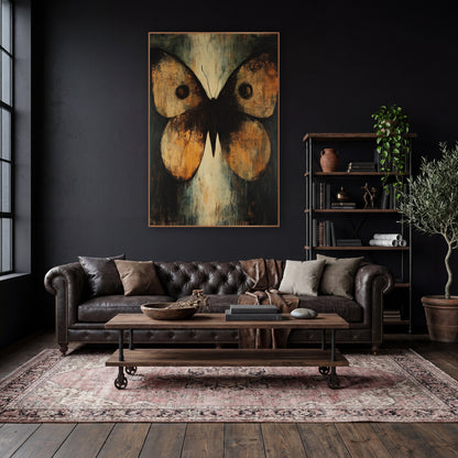 Amber Moth Wings Abstract Moody wall art in a moody dark academia room – large amber and black moth with spread wings
