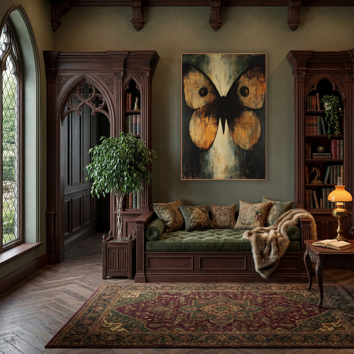 Amber Moth Wings Abstract Moody wall art in a moody dark academia room – large amber and black moth with spread wings