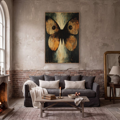 Amber Moth Wings Abstract Moody wall art in a moody dark academia room – large amber and black moth with spread wings