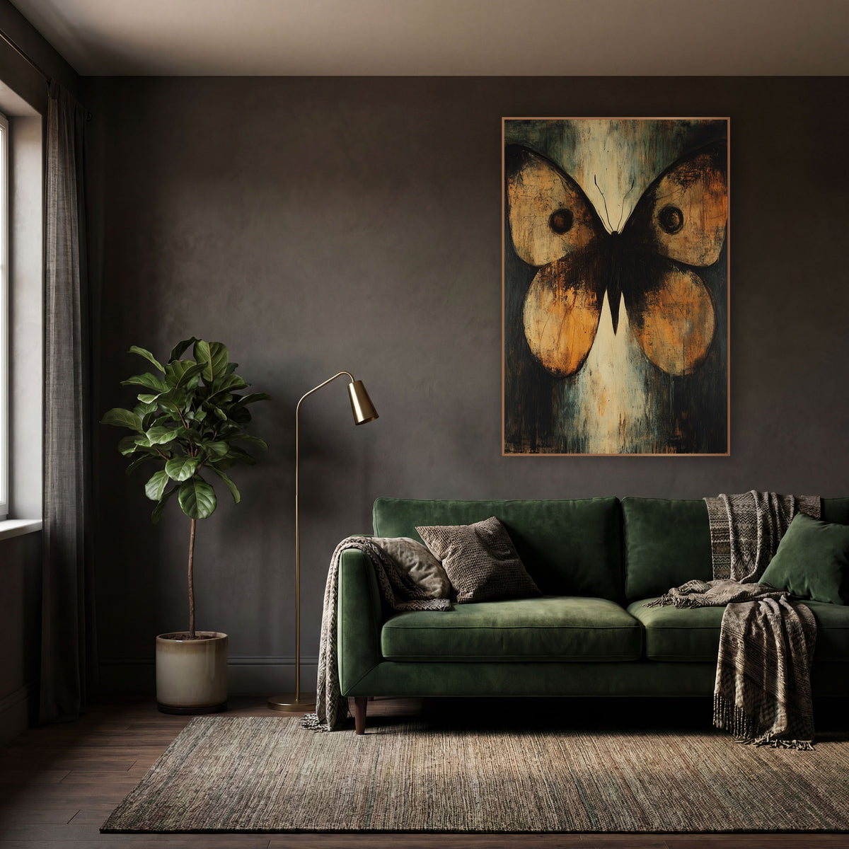 Amber Moth Wings Abstract Moody wall art in a moody dark academia room – large amber and black moth with spread wings