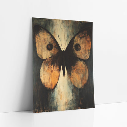 Amber Moth Wings Abstract Moody art print leaning against a white wall – large amber and black moth with spread wings and two