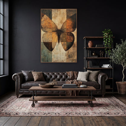 Rust Moth Checkerboard Abstract wall art in a moody dark academia room – large moth with burnt orange and amber wings