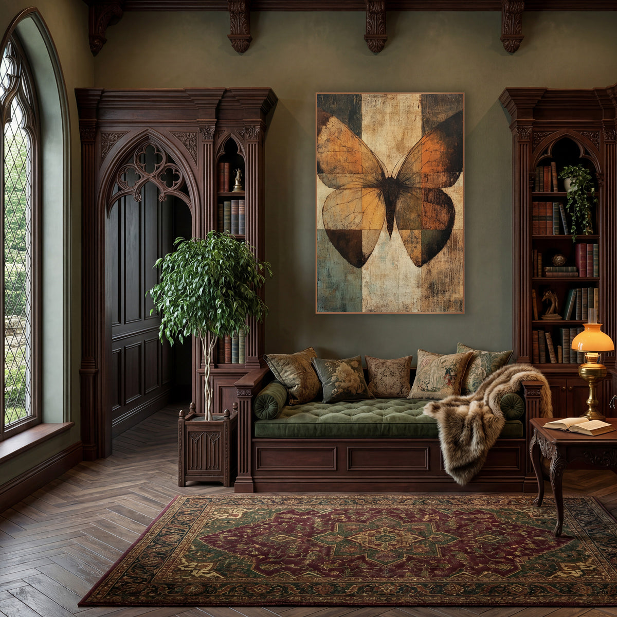 Rust Moth Checkerboard Abstract wall art in a moody dark academia room – large moth with burnt orange and amber wings