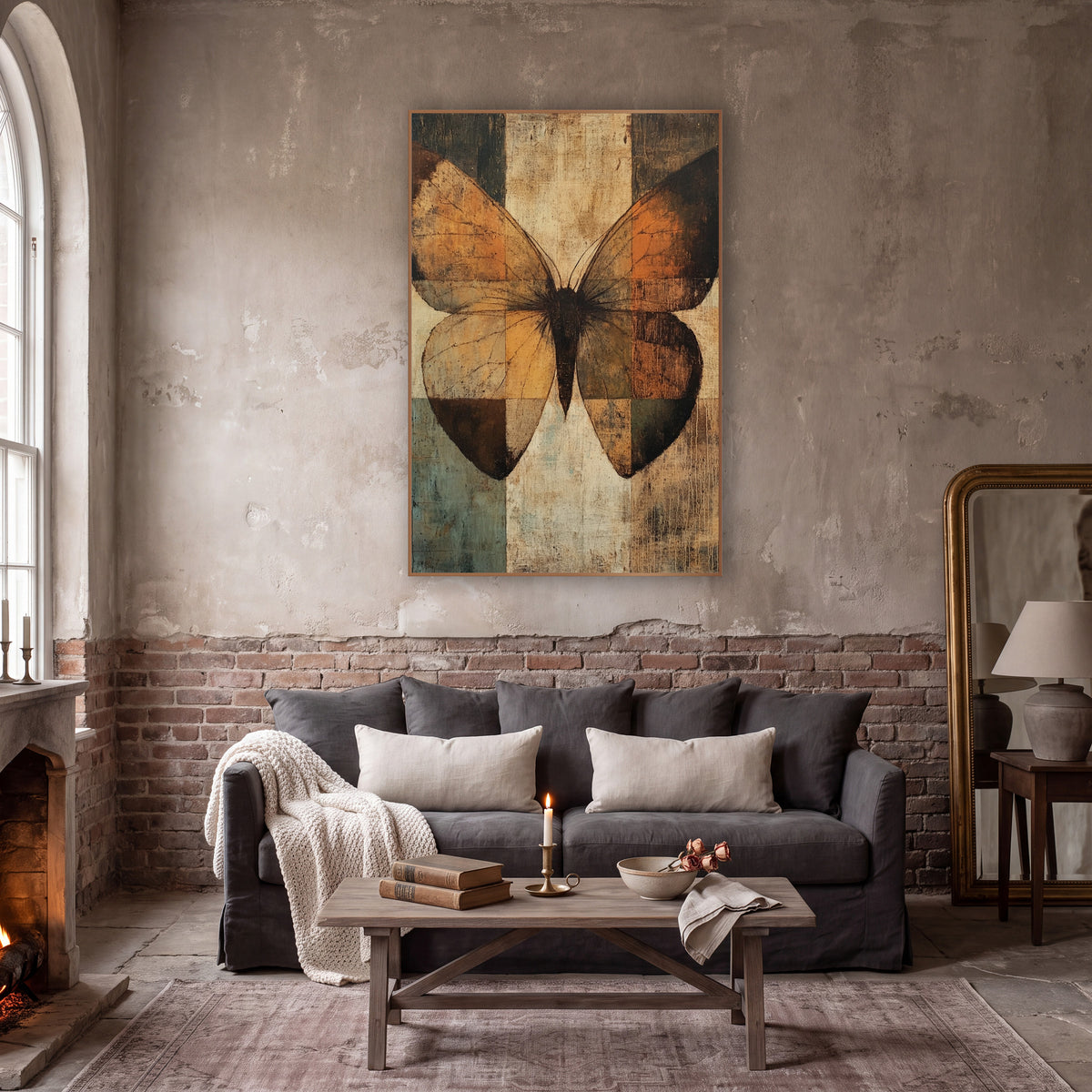 Rust Moth Checkerboard Abstract wall art in a moody dark academia room – large moth with burnt orange and amber wings