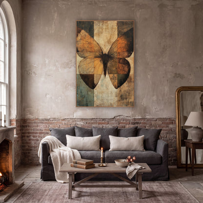 Rust Moth Checkerboard Abstract wall art in a moody dark academia room – large moth with burnt orange and amber wings