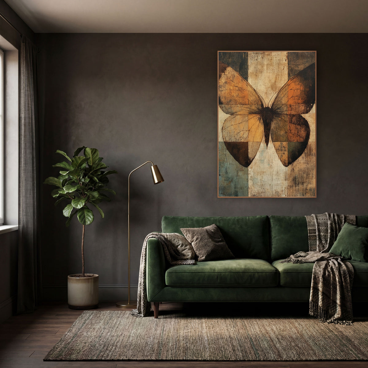 Rust Moth Checkerboard Abstract wall art in a moody dark academia room – large moth with burnt orange and amber wings
