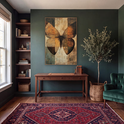 Rust Moth Checkerboard Abstract wall art in a moody dark academia room – large moth with burnt orange and amber wings