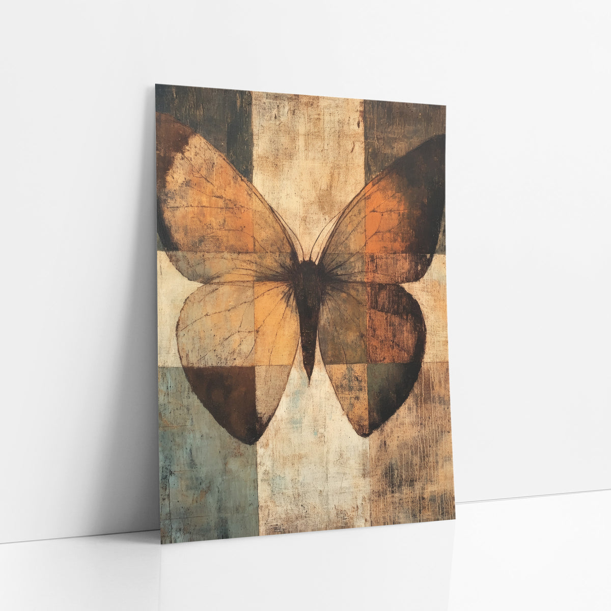 Rust Moth Checkerboard Abstract art print leaning against a white wall – large moth with burnt orange and amber wings