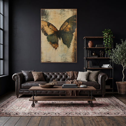 Amber Green Moth Wing Abstract wall art in a moody dark academia room – large abstract moth wings in amber and olive
