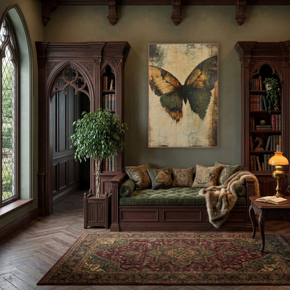 Amber Green Moth Wing Abstract wall art in a moody dark academia room – large abstract moth wings in amber and olive