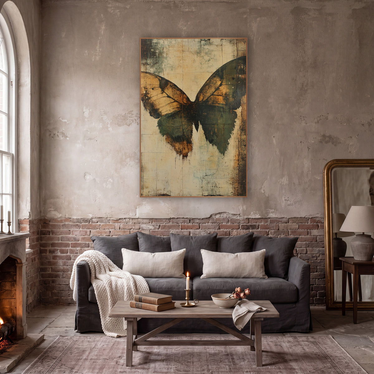 Amber Green Moth Wing Abstract wall art in a moody dark academia room – large abstract moth wings in amber and olive