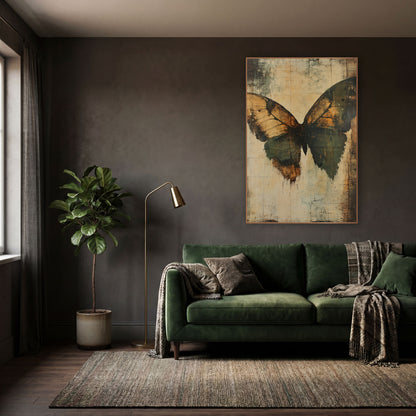 Amber Green Moth Wing Abstract wall art in a moody dark academia room – large abstract moth wings in amber and olive