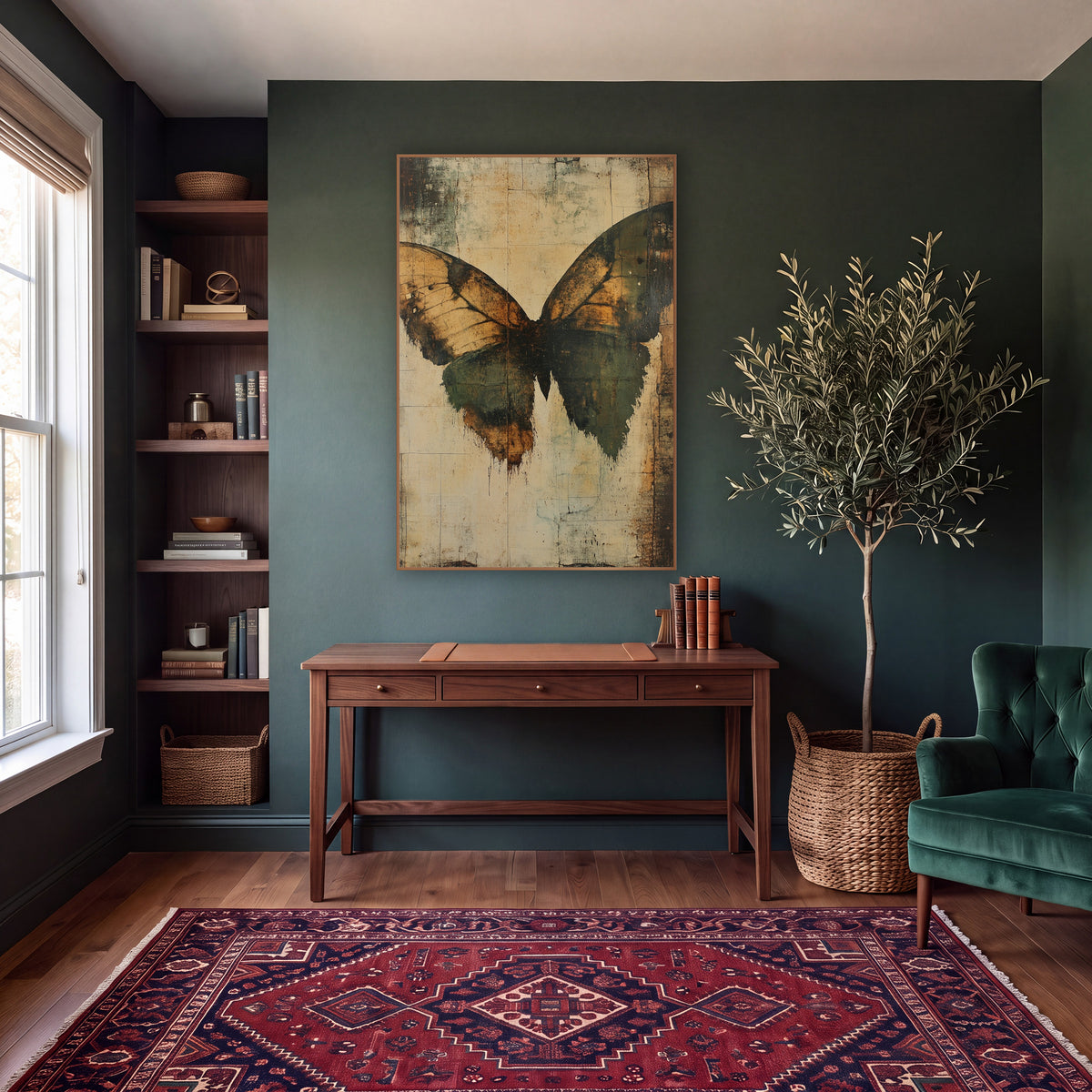 Amber Green Moth Wing Abstract wall art in a moody dark academia room – large abstract moth wings in amber and olive