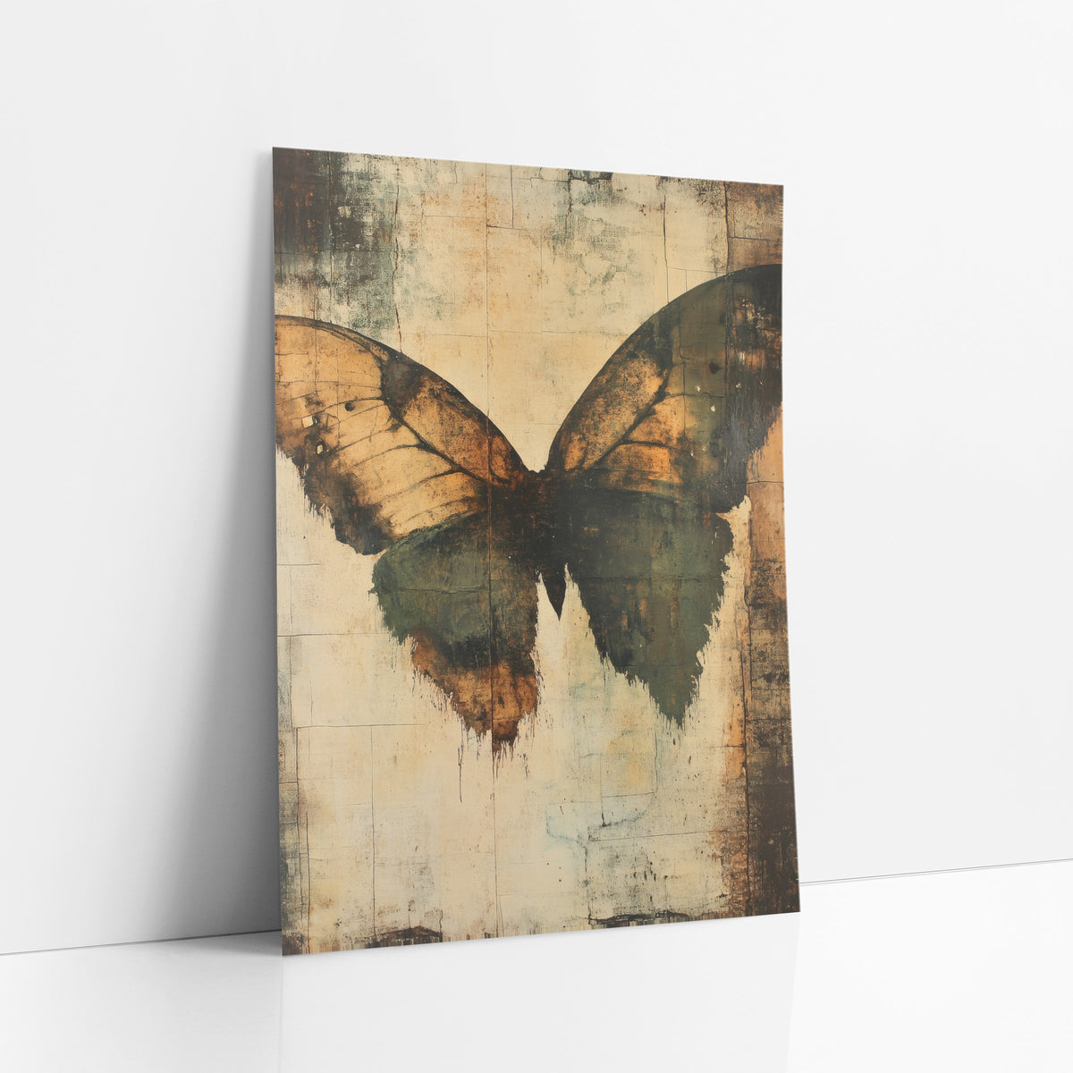 Amber Green Moth Wing Abstract art print leaning against a white wall – large abstract moth wings in amber and olive green