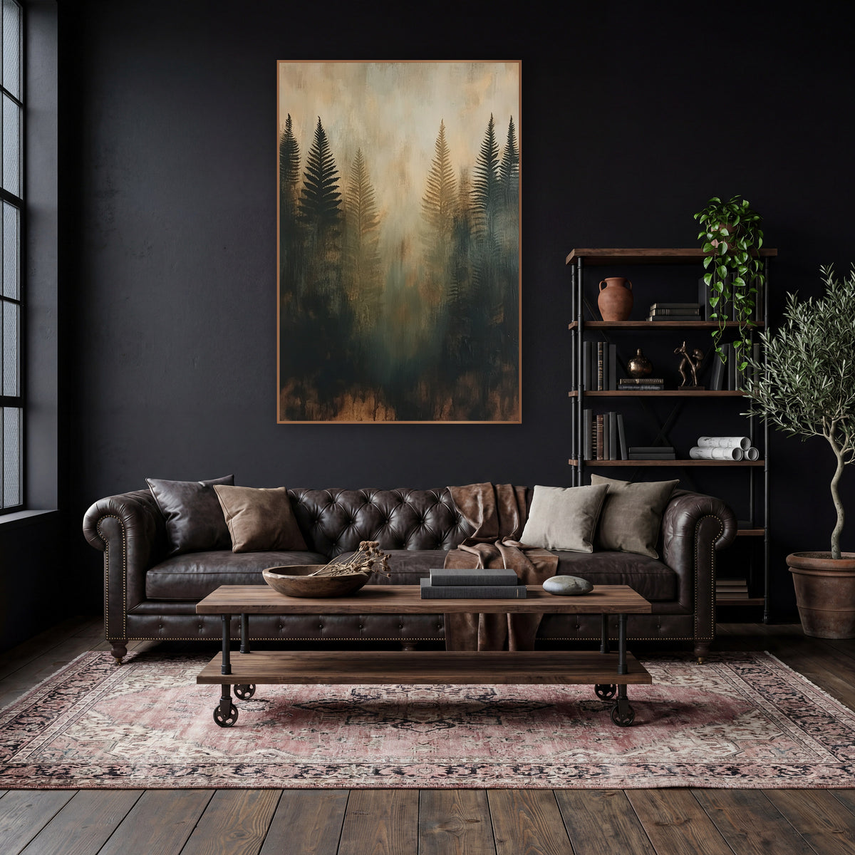 Ghostly Fern Silhouettes Abstract Forest wall art in a moody dark academia room – abstract fern silhouettes in black