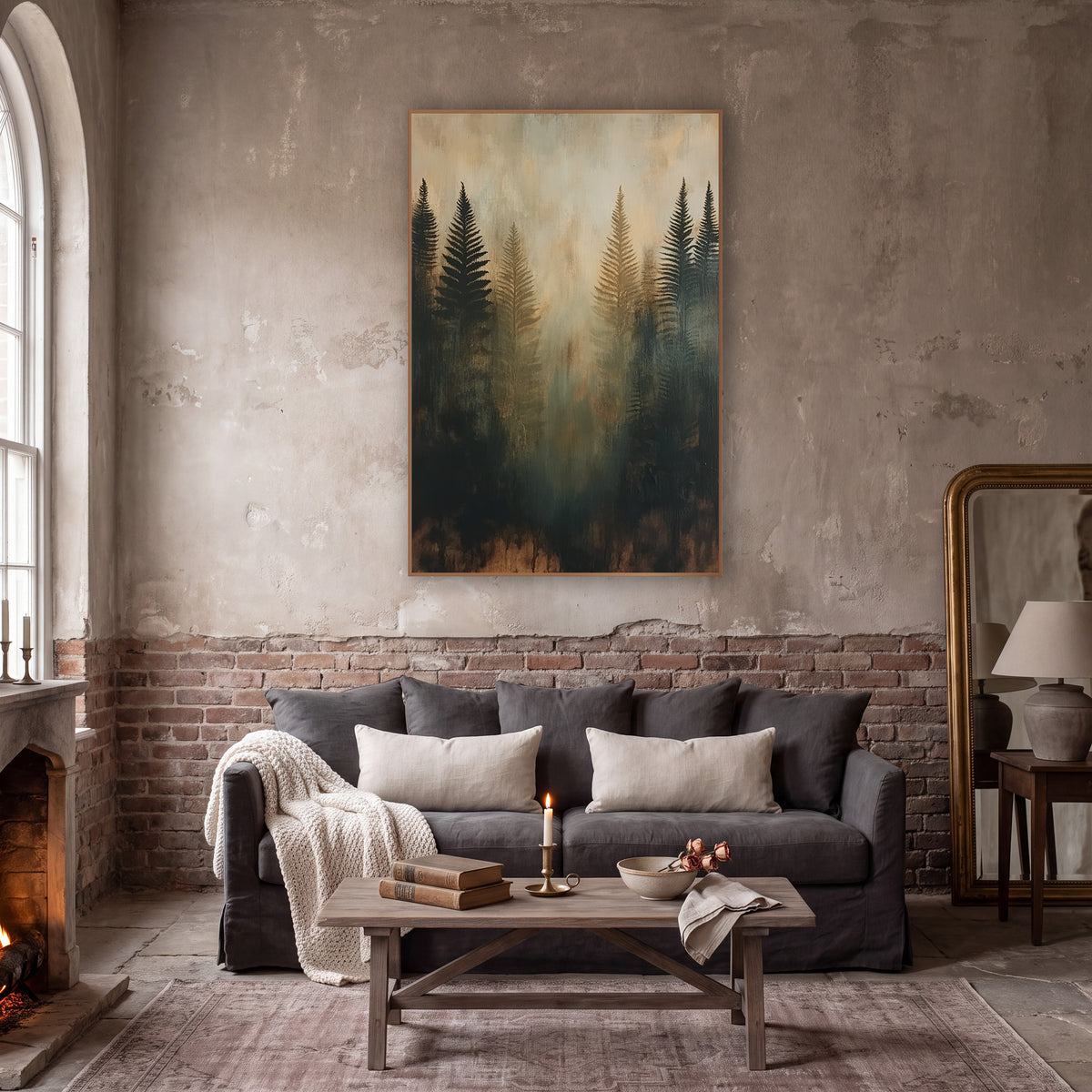 Ghostly Fern Silhouettes Abstract Forest wall art in a moody dark academia room – abstract fern silhouettes in black