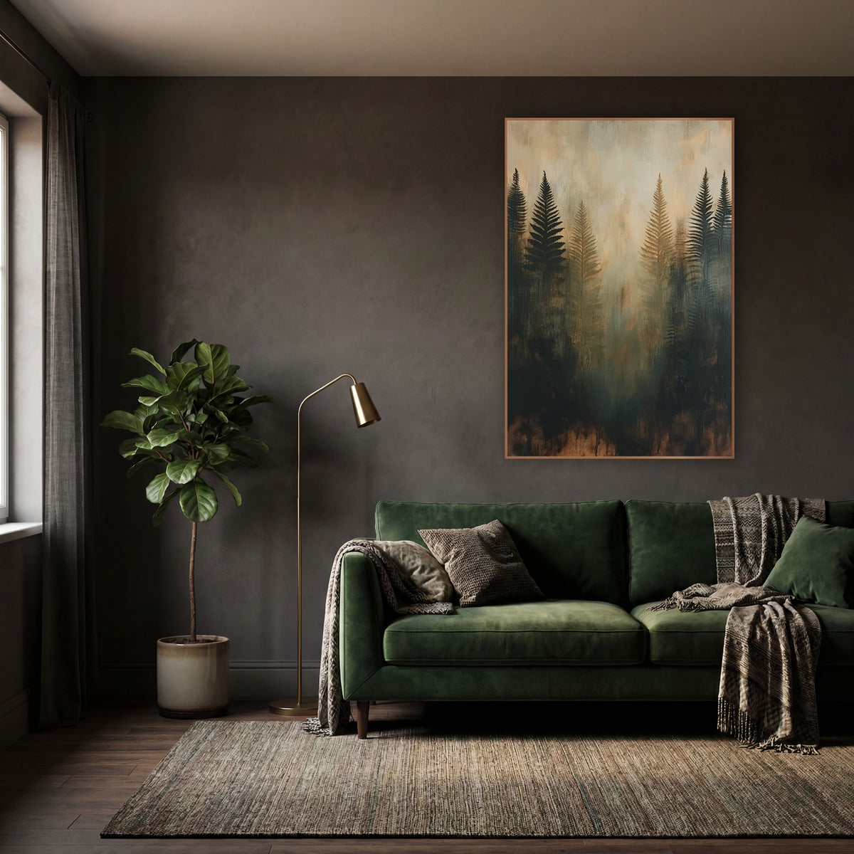 Ghostly Fern Silhouettes Abstract Forest wall art in a moody dark academia room – abstract fern silhouettes in black