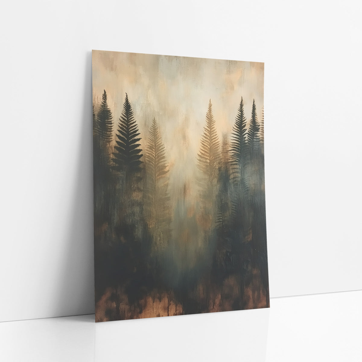 Ghostly Fern Silhouettes Abstract Forest art print leaning against a white wall – abstract fern silhouettes in black