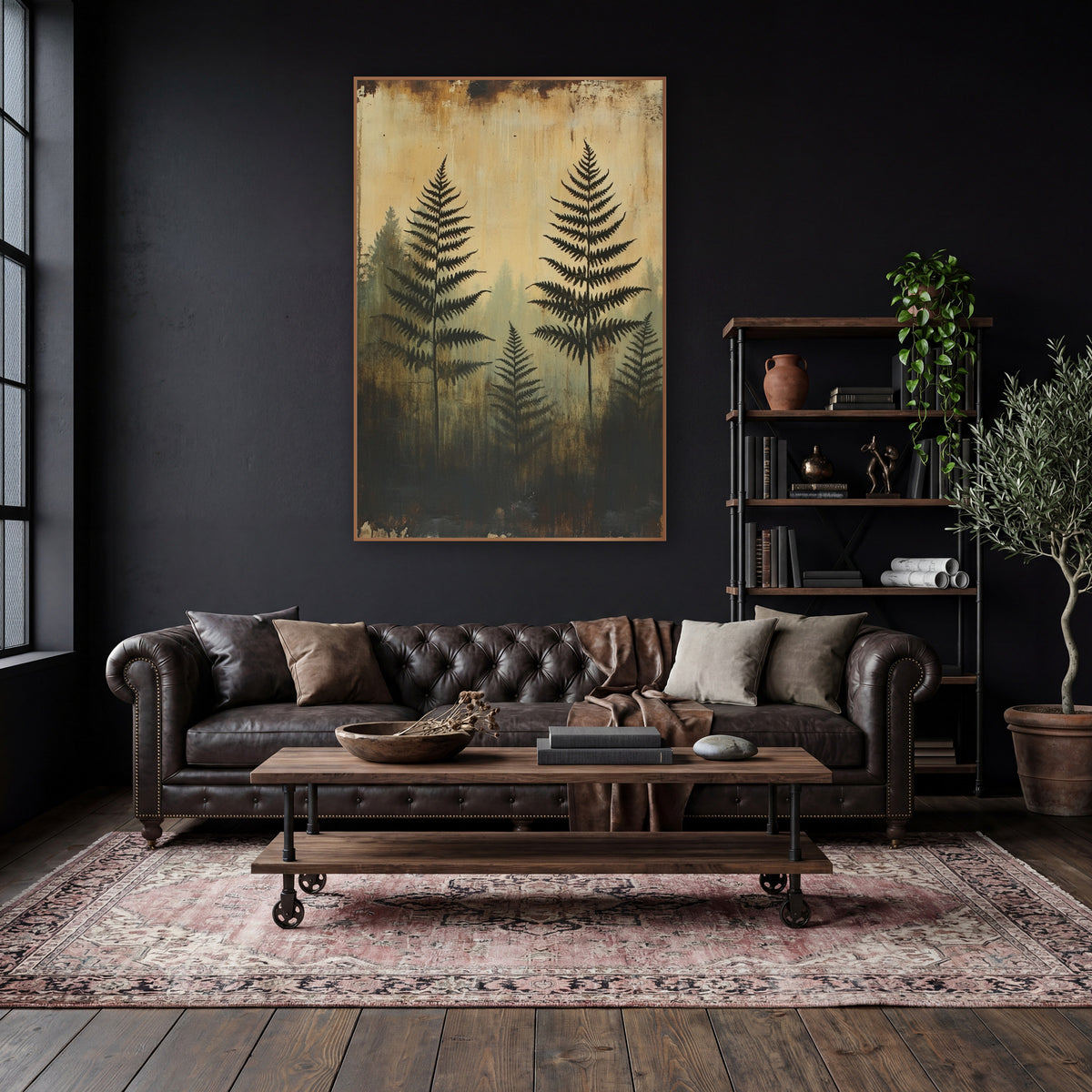 Ghostly Fern Silhouettes Moody Botanical wall art in a moody dark academia room – dark fern silhouettes in front
