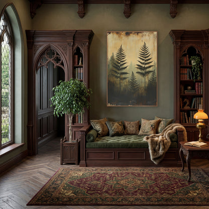 Ghostly Fern Silhouettes Moody Botanical wall art in a moody dark academia room – dark fern silhouettes in front