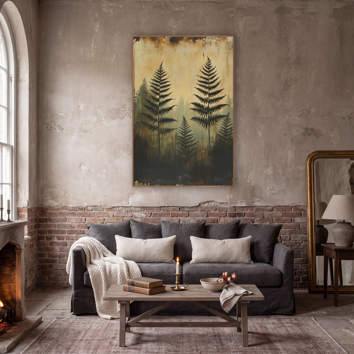 Ghostly Fern Silhouettes Moody Botanical wall art in a moody dark academia room – dark fern silhouettes in front