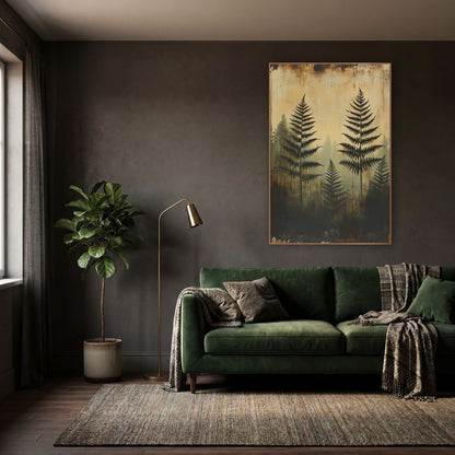 Ghostly Fern Silhouettes Moody Botanical wall art in a moody dark academia room – dark fern silhouettes in front