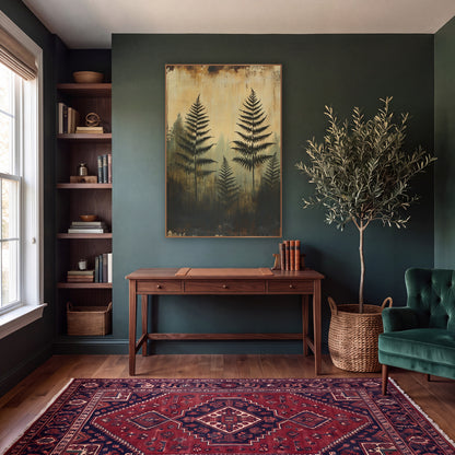 Ghostly Fern Silhouettes Moody Botanical wall art in a moody dark academia room – dark fern silhouettes in front