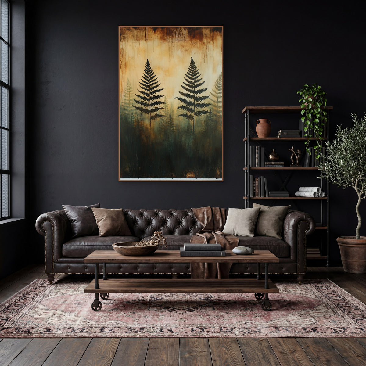 Ghostly Fern Silhouettes Forest Botanical wall art in a moody dark academia room – black fern silhouettes over faded