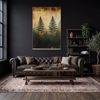 Ghostly Fern Silhouettes Forest Botanical wall art in a moody dark academia room – black fern silhouettes over faded