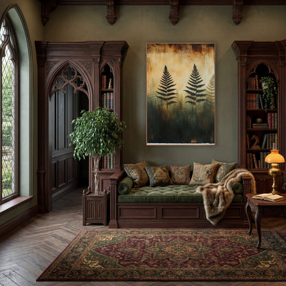 Ghostly Fern Silhouettes Forest Botanical wall art in a moody dark academia room – black fern silhouettes over faded