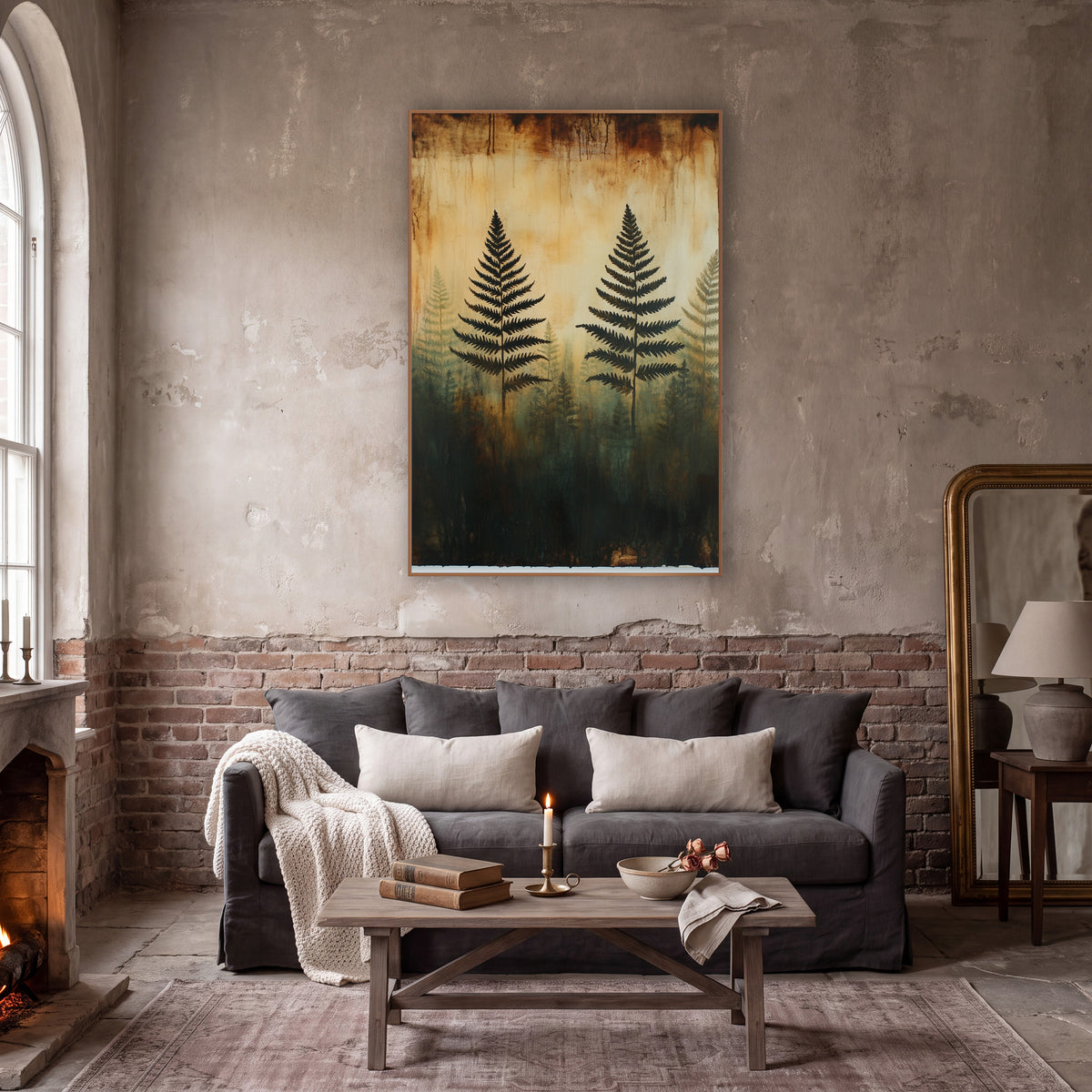 Ghostly Fern Silhouettes Forest Botanical wall art in a moody dark academia room – black fern silhouettes over faded