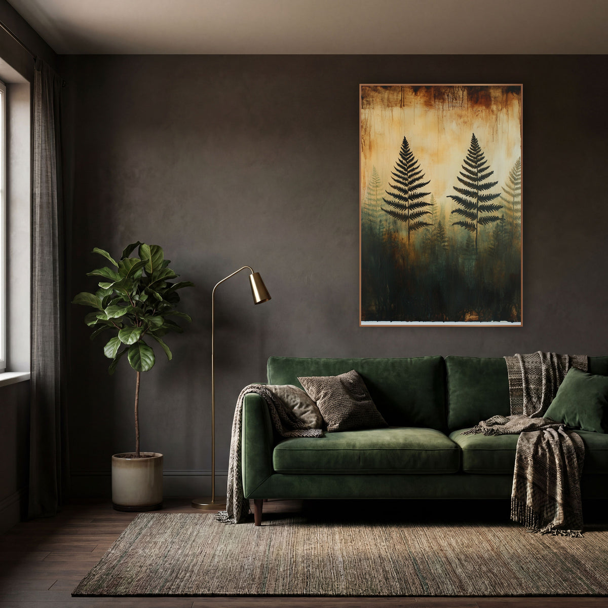 Ghostly Fern Silhouettes Forest Botanical wall art in a moody dark academia room – black fern silhouettes over faded
