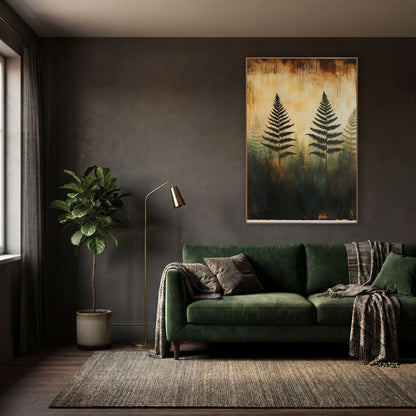 Ghostly Fern Silhouettes Forest Botanical wall art in a moody dark academia room – black fern silhouettes over faded