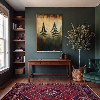 Ghostly Fern Silhouettes Forest Botanical wall art in a moody dark academia room – black fern silhouettes over faded