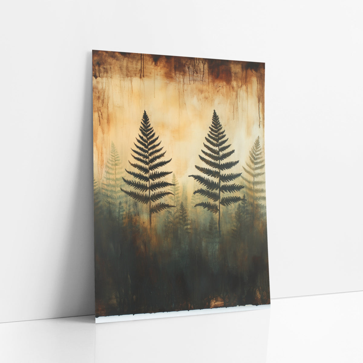 Ghostly Fern Silhouettes Forest Botanical art print leaning against a white wall – black fern silhouettes over faded ferns
