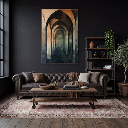 Receding Gothic Arches Abstract Architectural wall art in a moody dark academia room – abstract pointed gothic arches