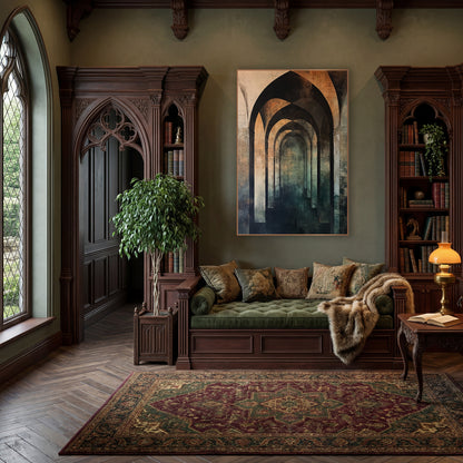 Receding Gothic Arches Abstract Architectural wall art in a moody dark academia room – abstract pointed gothic arches