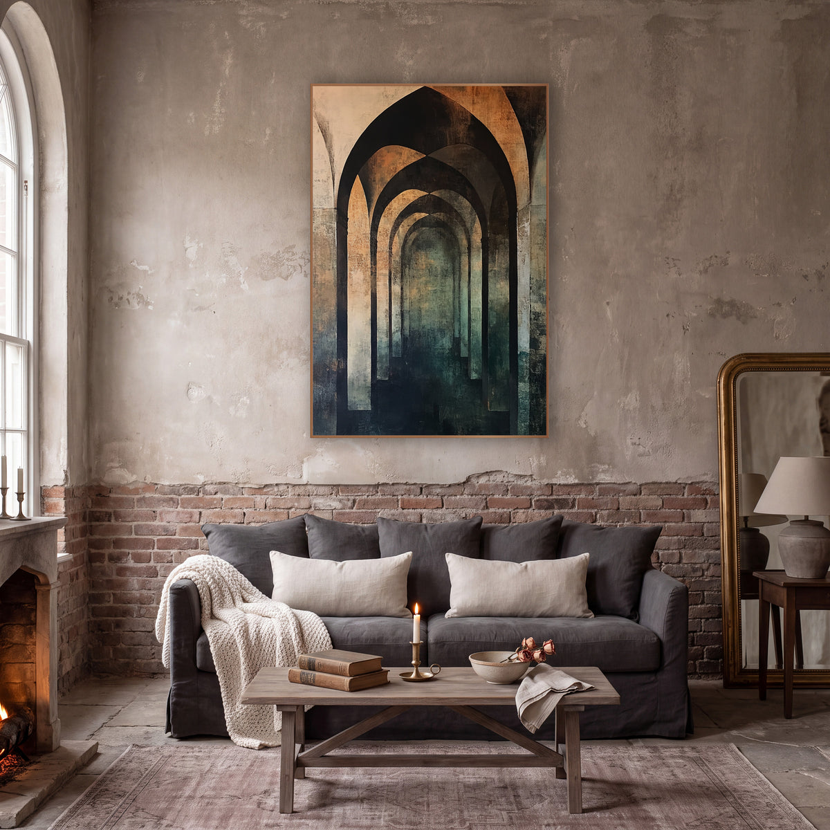 Receding Gothic Arches Abstract Architectural wall art in a moody dark academia room – abstract pointed gothic arches