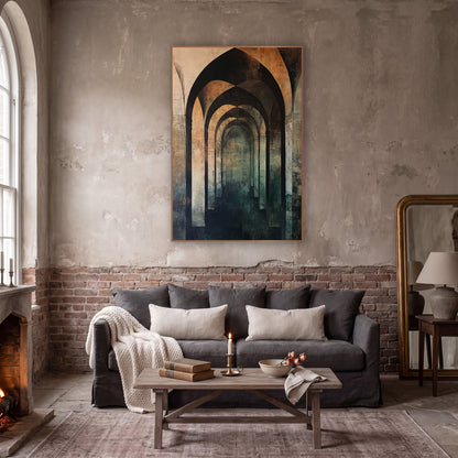 Receding Gothic Arches Abstract Architectural wall art in a moody dark academia room – abstract pointed gothic arches