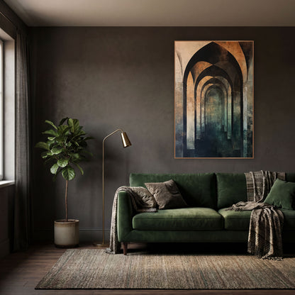Receding Gothic Arches Abstract Architectural wall art in a moody dark academia room – abstract pointed gothic arches