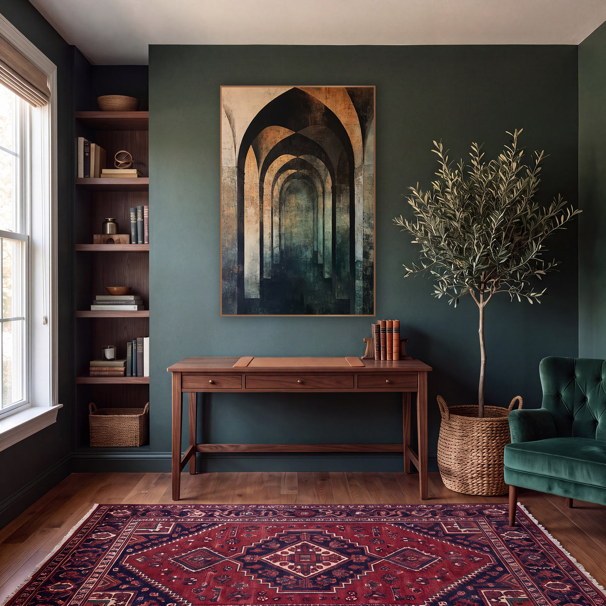 Receding Gothic Arches Abstract Architectural wall art in a moody dark academia room – abstract pointed gothic arches