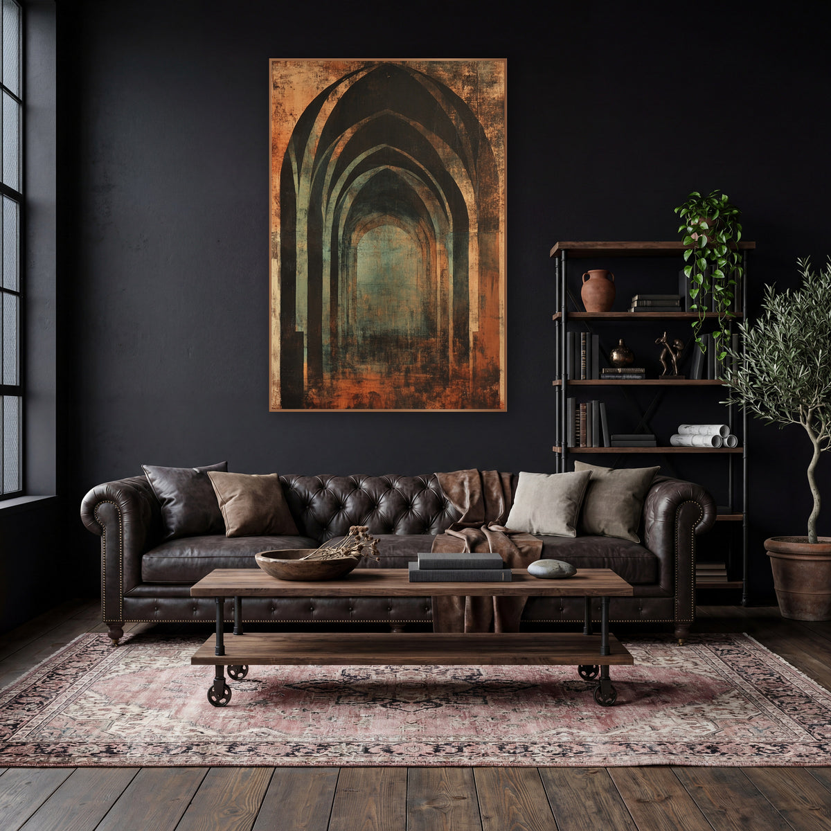 Rust and Teal Gothic Arches wall art in a moody dark academia room – nested pointed gothic arches in charcoal and rust