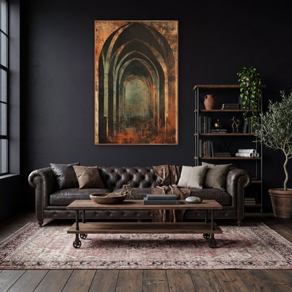 Rust and Teal Gothic Arches wall art in a moody dark academia room – nested pointed gothic arches in charcoal and rust