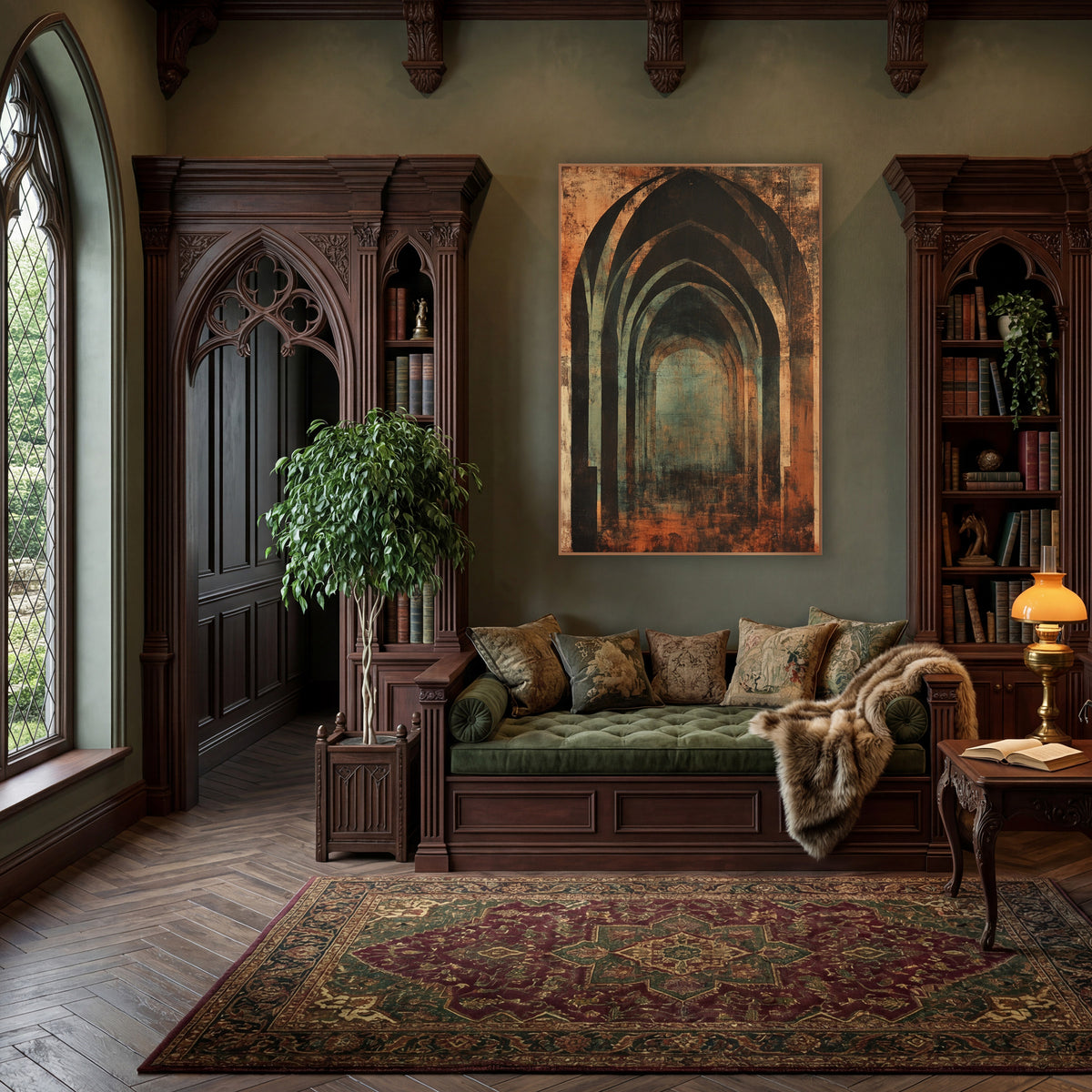 Rust and Teal Gothic Arches wall art in a moody dark academia room – nested pointed gothic arches in charcoal and rust