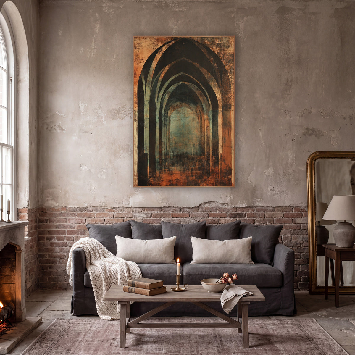 Rust and Teal Gothic Arches wall art in a moody dark academia room – nested pointed gothic arches in charcoal and rust