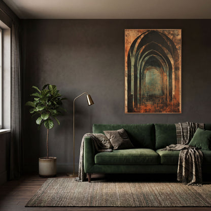 Rust and Teal Gothic Arches wall art in a moody dark academia room – nested pointed gothic arches in charcoal and rust